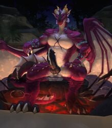 animal_genitalia balls biceps black_penis blizzard_entertainment bodily_fluids claws dracthyr dragon erection european_mythology furgonomic_piercing furgonomics genital_fluids genital_piercing genitals glhiro hi_res horn horn_jewelry jewelry knot looking_at_viewer membrane_(anatomy) membranous_wings multicolored_body mythological_creature mythological_scalie mythology partially_submerged penis piercing red_body scalie scar sheath sheath_piercing tail two_tone_body warcraft western_dragon wings