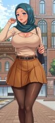 1girl 1girls ai_assisted ai_generated belt blue_eyes cleavage cleavage_window college college_student female female_focus female_only handbag hijab hijabi lipgloss lipstick pantyhose skirt street student