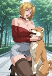 1animal 1dog 1girls accurate_art_style ai_generated alternate_costume ass_visible_from_the_front ass_visible_through_thighs bent_knees bible_black bible_black_new_testament big_ass big_breasts blonde_hair blouse blue_eyes blush bubble_butt busty butt_crack canine closed_eyes clothing collarbone exposed_ass eyebrows eyebrows_visible_through_hair faithful_to_the_anime faustlikeai female female_focus female_only forehead full_body gasp gasping happy happy_female human human_female kitami_reika lingerie lingerie_panties long_sleeves looking_at_another looking_down mature mature_female milf no_bra official_alternate_costume outdoors owner_and_pet panties park pet petting petting_head pinup plaid_skirt puppy round_ass sagging_breasts sexually_suggestive shiba_inu shin_bible_black shoes short_hair shoulder_length_hair skirt smile solo squatting stockings suggestive suggestive_pose thick_thighs thighhighs thighs voluptuous voluptuous_female