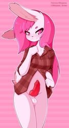 1futa 2018 4_fingers :3 animal_genitalia animal_penis anthro ball_(object) balls bedroom_eyes biped black_nose blush bottomless breasts brown_clothing brown_topwear canine_penis chest_tuft clothed clothing dickgirl erection eyebrows eyelashes floppy_ears fluffy fluffy_tail front_view fur futanari hair half-closed_eyes hi_res holding_clothing humanoid_hands intersex knot lagomorph long_hair looking_at_viewer mammal medium_breasts navel outline pattern_background pattern_clothing penis pink_background pink_eyes pink_hair pink_theme plaid portrait presenting presenting_penis rabbit red_penis seductive sheath shirt short_tail simple_background smile solo standing striped_background tantei_rotana three-quarter_portrait toony tuft undressing url white_balls white_fur white_tail whygena