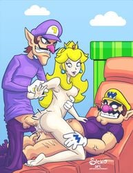 1girls 2boys anal ass blonde_hair blue_eyes breasts clothed_male_nude_female clothing cowgirl_position cum double_penetration female kneeling long_hair looking_at_another looking_back lying male mario_(series) mmf_threesome multiple_boys nintendo nipples nude on_back outdoors penis princess_peach sex sickoart sky smile straight super_mario_bros. testicles threesome vaginal_penetration waluigi wario