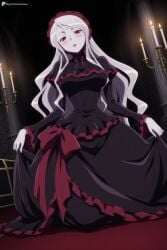 1girl ai_generated black_dress blush bonnet breasts candle digitalwaifugallery dress frills gothic_lolita hi_res high_quality high_resolution kneeling large_breasts lolita_fashion long_hair looking_at_viewer open_mouth overlord_(maruyama) pale_skin patreon red_eyes ribbon seductive sexy shalltear_bloodfallen skirt_hold solo uncensored vampire watermark white_hair white_skin