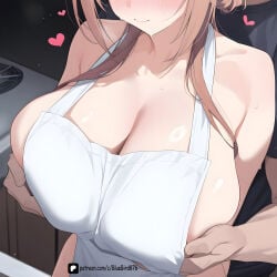 1girl ai_assisted ai_generated apron beautiful_girl big_ass big_breasts bluebird curvy female gakuen_idolmaster himesaki_rinami idolmaster naked_apron sexy thighhighs