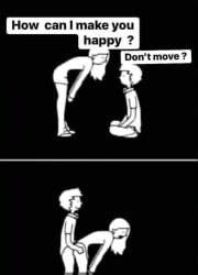 1boy 1girl 2koma ? bent_over black_background bottomless comic english_text from_side greyscale hands_on_own_knees hetero long_hair meme monochrome seiza sex sex_from_behind short_hair signature simple_background sitting standing standing_sex torso_grab