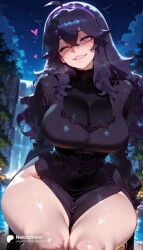 1girl 1girls absurd_res absurdres ahoge ai_generated alternate_breast_size ass big_ass big_breasts black_dress black_hair blush breasts curvy dress female female_focus hair_between_eyes hairband heart heart-shaped_pupils hex_maniac hex_maniac_(pokemon_legends:_z-a) hex_maniac_(pokemon_xy) hi_res high_quality high_resolution highres huge_breasts large_ass large_breasts lips long_dress long_hair long_sleeves looking_at_viewer messy_hair nekromant night night_sky one_eye_closed outdoors parted_lips plump pokemon pokemon_rse pokemon_xy purple_dress purple_eyes purple_hair purple_hairband side_slit sitting sky smile solo solo_focus star_(sky) starry_sky straight sweat symbol-shaped_pupils taut_dress teeth thick_thighs thighs tree turtleneck turtleneck_dress water wet wide_hips