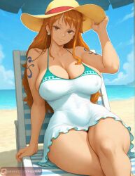 1girls ai_generated big_ass big_breasts cleavage deep_cleavage floresai hat huge_ass huge_breasts looking_at_viewer nami_(one_piece) narrow_waist naughty_face nipple_bulge patreon patreon_url patreon_username sexy sexy_pose summer teasing thick_thighs wide_hips