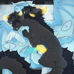 1:1 3_heads 4_toes 5_fingers animal_genitalia animal_penis anthro balls black_balls black_body black_claws black_fur black_inner_ear_fluff black_pawpads blue_body blue_eyes blue_inner_ear_fluff blue_pawpads blue_wings bodily_fluids breath claws dragon duo eastern_dragon equine_genitalia equine_penis evening fangs feet feral fingers fur furred_dragon furred_scalie genital_fluids genitals glowing glowing_genitalia glowing_horn glowing_penis hi_res horn inner_ear_fluff lying male male/male multi_head multicolored_body mythological_creature mythological_scalie mythology nervous nervous_sweat non-mammal_balls on_back outside pawpads penis precum scalie shade_okami snow sweat tail teal_penis teeth text toes tuft white_claws white_horn wings yellow_horn yellow_penis