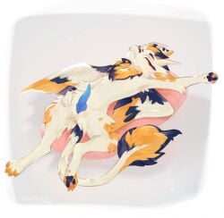2_horns anthro black_pawpads blue_markings blush claws colored digital_drawing_(artwork) digital_media_(artwork) dragon erection eyes_closed feathered_wings feathers fur furred_dragon furred_scalie genitals hi_res horn knot knotted_penis lying male male_anthro markings multicolored_body multicolored_fur mythological_creature mythological_scalie mythology neck_tuft nude nude_anthro nude_male on_back orange_claws orange_markings orange_pawpads pawpads paws penis scalie serafaithh shaded small_waist snout solo tail tan_body tan_fur tuft wings