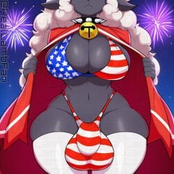 4th_of_july ai_generated bell bikini cape collar cult_of_the_lamb dark_skin fireworks fleece futanari goth_lamb_(reallambfan) lamb_(cult_of_the_lamb) large_breasts mostly_nude night outside reallambfan stockings thick_thighs voluptuous voluptuous_female white_hair white_stockings wide_hips wool wool_hair