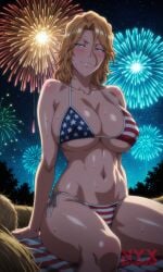 1girls 4th_of_july american_flag_bikini bleach bleach:_the_thousand-year_blood_war blonde_hair curvy fireworks huge_breasts matsumoto_rangiku night nyxworks rangiku_matsumoto