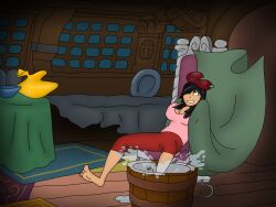 barefoot bedroom black_hair captain_hook cleavage comeuppance damsel_in_distress disney_villains fair_skin feet genderswap_(mtf) green_eyes hair_over_one_eye hook hook_hand indecentlasses interior long_hair mshook office pants peter_pan_(disney) pirate_girl pirate_ship quarters rule_63 shirt sleepy tired toes tub villainess water water_bottle