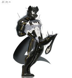 2026 absurd_res anthro balls big_penis black_latex bodily_fluids canid canine condom_suit cum cumshot cxcxxcxxxx ejaculation genital_fluids genitals hi_res latex male mammal marvel penis shaking solo tail trembling venom_(marvel) white_latex
