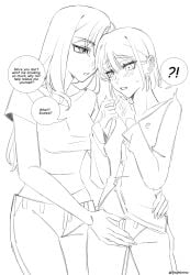 2girls ?! alien_stage artist_name english_text hand_on_another's_hip hand_on_crotch long_hair mizi_(alien_stage) shirt short_hair sketch sua_(alien_stage) yuri