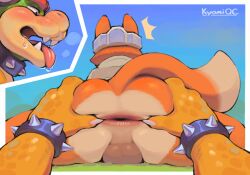 anthro anus backsack balls biped blush bodily_fluids bottomless bowser bracelet butt canid canine clothed clothing collar darkened_balls darkened_genitalia drooling duo ears_up fingers fox fox_mccloud fur genitals jewelry male mammal mario_bros nintendo orange_body orange_fur rear_view saliva scales simple_background spiked_bracelet spiked_collar spikes spread_butt spread_legs spreading star_fox stretched_anus tail tail_aside topwear unsavoryimpcat