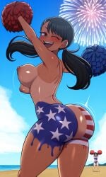 4th_of_july ai_generated areolae armpits arms_up asian_female beach beach_background blush blushing bodypaint bouncing_breasts brown_eyes bubble_butt cheering cute dark-skinned_female fireworks flag_print hayase_nagatoro hi_res high_resolution medium_breasts naked nipples painted_butt pigtails please_don't_bully_me,_nagatoro plump_ass pom_pom_(cheerleading) pom_poms public_nudity shiny_skin shortstack smiling tanline tanlines tanned_skin thick_thighs wink