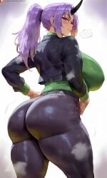 1girls ai_generated big_ass big_boobs big_breasts big_butt blouse curvy curvy_body curvy_female curvy_figure horn horns huge_ass huge_breasts huge_butt jacket kyoru189 large_ass large_breasts large_butt light-skinned_female light_skin looking_at_viewer looking_back looking_back_at_viewer mature_female milf oni oni_female oni_horns pants ponytail purple_eyes purple_hair shiny shiny_skin shion_(tensei_shitara_slime_datta_ken) shirt solo solo_female tensei_shitara_slime_datta_ken