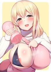 1girls apron areola_slip artificial_vagina blonde_hair blush bra clothing female female_only hanabi_(ocha) heart-shaped_pupils large_breasts looking_at_viewer open_mouth penetrable_sex_toy sex_toy solo sunohara_ayaka sunoharasou_no_kanrinin-san sweater sweater_lift yellow_eyes