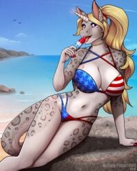 1_horn 2019 4:5 american_flag american_flag_bikini anthro beach big_breasts bikini biped blonde_hair bomb_pop breasts character_request choker clothing day detailed_background digital_media_(artwork) equid equine eyebrows eyelashes felid female fingers flag flag_bikini flag_clothing flag_print flag_swimwear food hair hi_res horn huge_breasts hybrid jewelry leopard licking mammal midriff mythological_creature mythological_equine mythology navel navel_piercing necklace open_mouth outside pantherine piercing pink_eyes popsicle print_bikini print_clothing print_swimwear robyn_paperdoll sand seaside shoreline sky solo swimwear teeth tongue tongue_out two-piece_swimsuit unicorn united_states_of_america water