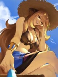 1girl absurdres big_breasts bikini black_bikini blonde_hair blue_sarong bracelet breasts brown_hat cleavage cloud commentary crossed_legs cynthia_(pokemon) cynthia_(summer_2025)_(pokemon_masters) feeding_viewer food from_below front-tie_bikini_top front-tie_top game_freak grey_eyes hair_ornament hat highres jewelry large_breasts long_hair midriff navel nintendo official_alternate_costume outdoors pokemon pokemon_dppt pokemon_masters_ex popsicle sarong sitting sky smile solo straw_hat sun_hat swimsuit tommy_(kingdukeee)