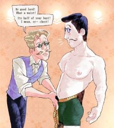 2boys big_breasts big_chest black_hair blonde_hair breasts bulge bulge_through_clothing bulge_under_clothes clothed_male_nude_male cmnm digital_drawing_(artwork) digital_media_(artwork) english english_dialogue english_text exaggerated_anatomy exaggerated_proportions glasses hetero male male_only man_breasts measuring measuring_belly measuring_tape measuring_waist mr_shrink neat_hair nipples nipples_outside no_sex no_sex_(yet) original original_character original_characters pale-skin pale-skinned_male pale_body pale_skin pants partially_clothed partially_nude partially_undressed pecs pecs_bigger_than_head pecs_out pink_nipples professional shading short_hair slick_hair slim_waist straight_to_gay surprised surprised_expression tape_measure the_shrink thin_waist tight_clothing unnatural_colors unsure unusual_anatomy vest weird_proportions white_skin white_skinned_male