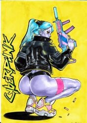 1girls ass big_ass cd_projekt_red cyberpunk:_edgerunners cyberpunk_2077 female gun iago_maia rebecca_(edgerunners) solo squatting traditional_media_(artwork)