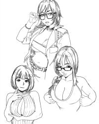 3girls big_breasts black_and_white boob_window braid breasts cleavage cleavage_cutout cleavage_window female female_only finger_on_chin glasses indie_virtual_youtuber kson_onair large_breasts looking_at_viewer midriff monochrome shibuya_kaho short_hair short_hair_female sketch sketch_page tagme_(artist) vshojo vtuber