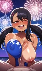 1boy1girl 4th_of_july ai_generated areolae asian_female blush blushing bodypaint bouncing_breasts brown_eyes cheering cum cum_between_breasts cum_on_breasts cum_on_face cute dark-skinned_female fireworks flag_print hayase_nagatoro hi_res high_resolution huge_breasts large_breasts looking_at_viewer looking_pleasured naked night_sky nipples no_hands paizuri paizuri_lead_by_female paizuri_without_hands pigtails please_don't_bully_me,_nagatoro public_nudity raised_eyebrows shiny_skin shortstack smiling tanline tanlines tanned_skin titjob wink