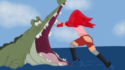 ass ass_visible_through_clothes boots captain_hook cleavage comeuppance crocodile damsel_in_distress daytime disney_villains fair_skin genderswap_(mtf) hook hook_hand imminent_peril imminent_vore indecentlasses mouth_open mshook ocean panties panties_visible_through_clothing peril peter_pan_(disney) pirate_girl reptile rule_63 socks tick-tock tick_tock tick_tock_crocodile torn_clothes torn_pants torn_shirt villainess