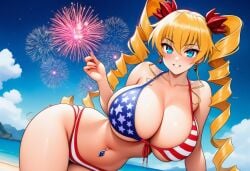 1girls ai_generated american_flag_bikini beach belly_piercing big_breasts blonde_hair blue_eyes claire_harvey cleavage fireworks flag_bikini front-tie_bikini huge_breasts hundred looking_at_viewer navel_piercing solo swimsuit twin_drills twintails