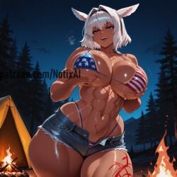 1girl 1girls 4th_of_july ai_generated american_flag_bikini big_ass big_breasts bikini blue_eyes body_markings busty busty_female caenis_(fate) curvaceous curvy curvy_female curvy_figure dark-skinned_female dark_skin denim denim_bottomwear denim_shorts fate/grand_order fate_(series) fgo jorts large_ass large_breasts long_hair notix ponytail servant_(fate) short_hair short_shorts shorts thick_legs thick_thighs thighs toned toned_female white_hair