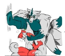 a-in_(nyanyalynx) anthro asian_mythology big_breasts breasts canid canine chinese_mythology cunnilingus digital_drawing_(artwork) digital_media_(artwork) duo east_asian_mythology female flat_colors fox horn hu_wenyan_(nyanyalynx) huge_breasts huli_jing korean_mythology kumiho larger_female male male/female mammal multi_tail muscular muscular_female mythological_canine mythological_creature mythological_fox mythology nyanyalynx oral sex simple_background size_difference smaller_male standing_cunnilingus tail vaginal white_background yaoguai