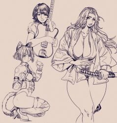 3girls bare_legs bare_thighs big_breasts big_naturals black_and_white bleach breasts busty busty_female cat_ears cat_girl cat_tail catgirl character_request cleavage deep_cleavage drawing_weapon female female_only guitar heels high_heels huge_breasts katana large_breasts legs leotard looking_scared matsumoto_rangiku monochrome natural_breasts nervous nervous_expression nervous_face no_bra no_pants pen_(artwork) pout scared scared_expression scared_face sketch sketch_page snatched_waist tagme_(artist) tagme_(character) thick_thighs thighs tiny_waist unknown_character voluptuous voluptuous_female wide_hips