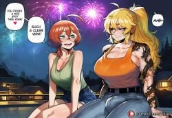 1boy 1girl 2girls ahoge ai_generated anus arm_tattoo ass ass_grab barefoot blonde_hair blush breast_press breasts bulge cleavage completely_nude crosssection cum cum_in_pussy cum_overflow denim denim_shorts ejaculation english_text erection erection_under_clothes excessive_cum fireworks freckles futa_with_female futanari glasses green_eyes handjob hetero internal_cumshot kiss large_breasts large_penis leg_lock long_hair looking_at_penis lying mating_press motion_lines multiple_girls muscular_female night nipples nude open_fly open_mouth orange_hair outdoors pants patreon_logo patreon_username penis penis_awe ponytail precum red_eyes rolling_eyes rwby sex shorts speech_bubble suspended_congress tank_top tattoo testicles tillian tilly_(tillian) uncensored vaginal yang_xiao_long