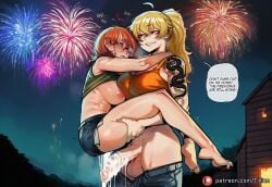 2girls ai_generated arm_tattoo barefoot blonde_hair breasts cum english_text fireworks futa_with_female futanari green_eyes large_breasts multiple_girls night nipples penis rwby shorts speech_bubble tank_top tattoo tillian tilly_(tillian) yang_xiao_long