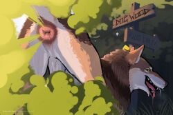 4_legs animal_genitalia anus balls big_balls black_and_tan bodily_fluids brown_body brown_fur butt canid canine canis diesel_(dieselrulez) domestic_dog drooling ear_piercing ear_tag fart fart_cloud farting_at_viewer feral forest fur gas genitals grass hi_res looking_at_viewer looking_back male mammal manahallowhound multicolored_body open_mouth piercing plant rear_view red_wolf saliva sharp_teeth sheath sign sky smile smiling_at_viewer smirk smirking_at_viewer solo standing sweat teeth teeth_showing tongue tongue_out tree white_body white_fur wolf yellow_eyes