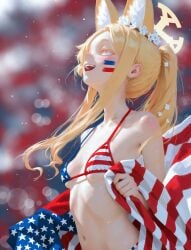 1girl :d ai-created ai_art ai_generated american_flag american_flag_bikini american_flag_print bikini blonde_hair blue_archive blurry_background blush bokeh cheering cleavage colored_eyelashes covered_nipples day depth_of_field excited facepaint fox_ears fox_girl from_below from_side gradient_eyes halo happy holding_flag light_particles looking_afar meme midriff navel outdoors particles pink_eyes ponytail red_stripes rinka5693 seia_(blue_archive) small_breasts solo stadium underboob watching white_stripes world_cup yellow_eyes yellow_halo
