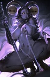 1girl elden_ring elden_ring_nightreign female horns kyuri_tizu libra_creature_of_night monster_girl nipple_piercing piercings squatting