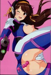 adapted_costume anal anal_beads anal_masturbation anal_object_insertion anus areolae blizzard_entertainment bodysuit breasts breasts_out brown_eyes brown_hair crotch_cutout d.va d.va_(cosplay) female gun hair_ornament hair_ribbon hairband haruhisky headphones long_hair masturbation nipples object_insertion one_eye_closed open_mouth overwatch overwatch_2 pink_background pistol pussy ribbon scan sex_toy solo suzumiya_haruhi suzumiya_haruhi_no_yuuutsu weapon whisker_markings wink