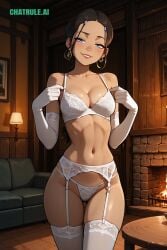 1girl 2d 4k 8k ai_assisted ai_generated alluring anime_style athletic attractive avatar bare_midriff beautiful bedroom_setting big_booty blush breasts cinematic_lighting cleavage close_up collarbone confident dark dark_lighting defined_jawline depth_of_field detailed_background detailed_face detailed_skin digital_illustration dim_lighting elegant erotic eye_makeup eyelashes eyeliner face_focus facing_viewer fair_skin fireplace fit flat_stomach formal full_lips furniture g_string garter_belt gorgeous happy high_cheekbones high_detail highly_detailed highres hoop_earrings hourglass_figure indoors jewelry katara lace_bra