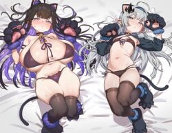 2girls absurdres animal_ears animal_hands bed bikini black_hair black_thighhighs blush breasts cat_ears cat_paws cat_tail chitose_(stella_sora) closed_mouth colored_inner_hair commentary ebora english_commentary female_tyrant_(stella_sora) grey_hair highres large_breasts long_hair looking_at_viewer multicolored_hair multiple_girls on_bed paw_pose pointy_ears purple_eyes purple_hair small_breasts stella_sora swimsuit tail thighhighs tyrant_(stella_sora) very_long_hair