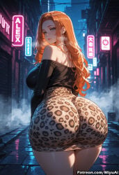 1girl ai_assisted ai_generated animal_print ass atom_eve bare_shoulders blush breasts brown_hair city clothes_writing curvaceous curvy curvy_female curvy_figure earrings female green_eyes huge_ass invincible jewelry large_breasts leopard_print long_hair looking_at_viewer looking_back miyuai night off_shoulder skirt smile solo thick thick_ass thick_butt thick_hips thick_legs thick_thighs thighs voluptuous voluptuous_female wide_hips wide_thighs