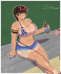 4th_of_july american_flag_bikini baseball_cap beer big_breasts bikini blue_eyes brown_hair curvy female female_only florida_bikini hat huge_breasts large_breasts original_character painted_nails piercing short_hair shorts sixdeep tan_lines tan_skin tattoo tomboy winking_at_viewer