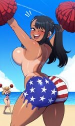 4th_of_july ai_generated armpits arms_up asian_female beach beach_background blush blushing bodypaint brown_eyes bubble_butt cheering cute dark-skinned_female fireworks flag_print hayase_nagatoro hi_res high_resolution huge_breasts large_breasts naked people_in_background pigtails please_don't_bully_me,_nagatoro plump_ass pom_pom_(cheerleading) pom_poms public_nudity shiny_skin shortstack smiling tanline tanlines tanned_skin thick_thighs wink
