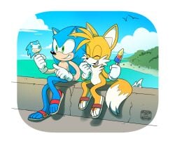 2017 4_toes 5_fingers alpha_channel anthro artist_request big_eyes big_head blue_body blue_fur bomb_pop candy canid canine clothing day dessert digital_media_(artwork) dipstick_tail duo eulipotyphlan eyes_closed feet fingers flip_flops food footwear fox fur gesture gloves green_eyes gumball_(candy) hand_gesture handwear hedgehog holding_food holding_object laugh male mammal markings melting miles_prower mostly_nude multi_tail multicolored_tail open_mouth open_smile orange_body orange_fur outside pointing popsicle sandals sega shoes simple_background sitting smile sonic_popsicle sonic_the_hedgehog sonic_the_hedgehog_(series) tail tail_markings tan_body tan_skin toes toony white_body white_clothing white_fur white_gloves white_handwear