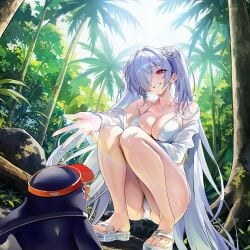 big_breasts cinderella_(nikke) extended_arm flower game_cg goddess_of_victory:_nikke hair_ornament jungle large_breasts official_art penguin red_eyes sandals silver_hair smile squatting swimsuit white_swimsuit