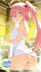 ahoge ai_generated ass bangs bare_shoulders bathing blue_eyes blush breasts cleavage clothing female female_only hair_between_eyes huge_ass large_ass lbreasts long_hair looking_at_viewer looking_back milim_nava naked_towel night night_sky onsen outdoors partially_submerged petals pink_hair rock sideboob sky smile solo steam tensei_shitara_slime_datta_ken thick_ass thick_thighs thighs towel twintails wading water wet