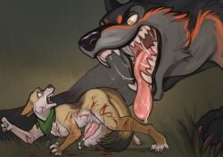 anthro bared_teeth blood bodily_fluids canid canine canis coyote cum duo feral genital_fluids genitals gore hi_res imminent_vore kerchief male mammal neckerchief neckwear penis saliva scared teeth torakuta vore wolf