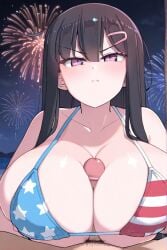 ai_generated beach bikini black_hair female female_only huge_breasts long_hair nozomi_(akitokage01) paizuri penis schoolgirl tsundere