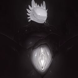 andromorph anthro black_body black_lizard_(rain_world) dark_background dim_lighting eyeless genitals glowing glowing_genitalia glowing_head glowing_pussy intersex inviting lizard_(rain_world) nipples no_eyes presenting presenting_pussy pussy rain_world scales scalie sitting spread_legs spread_pussy tail videocult whiskers