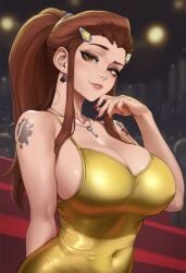 ai_generated aipotions bite_mark brigitte brigitte_lindholm chastity_key cuckold gold_dress looking_at_viewer looking_down overwatch queen_of_spades queen_of_spades_earrings